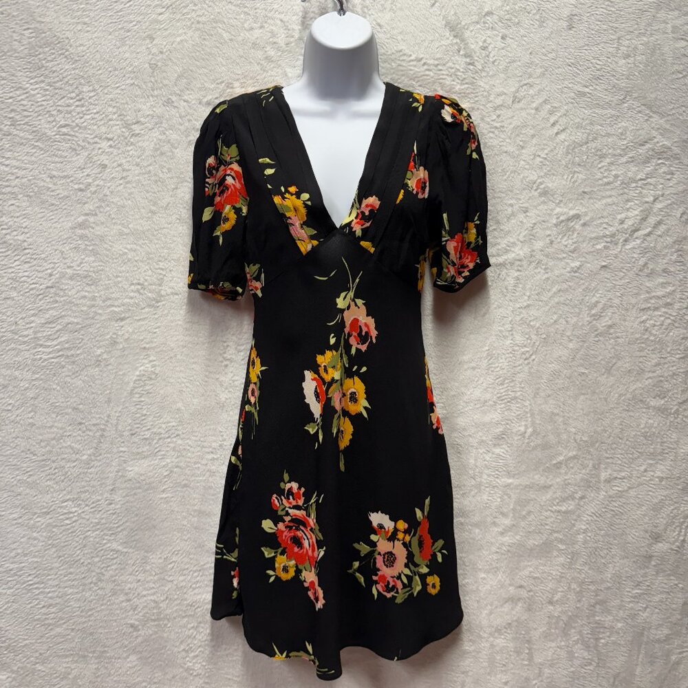 Free People Dark Floral Mini Dress Women 0 Black V-Neck Puff Sleeve Boho‎ Party